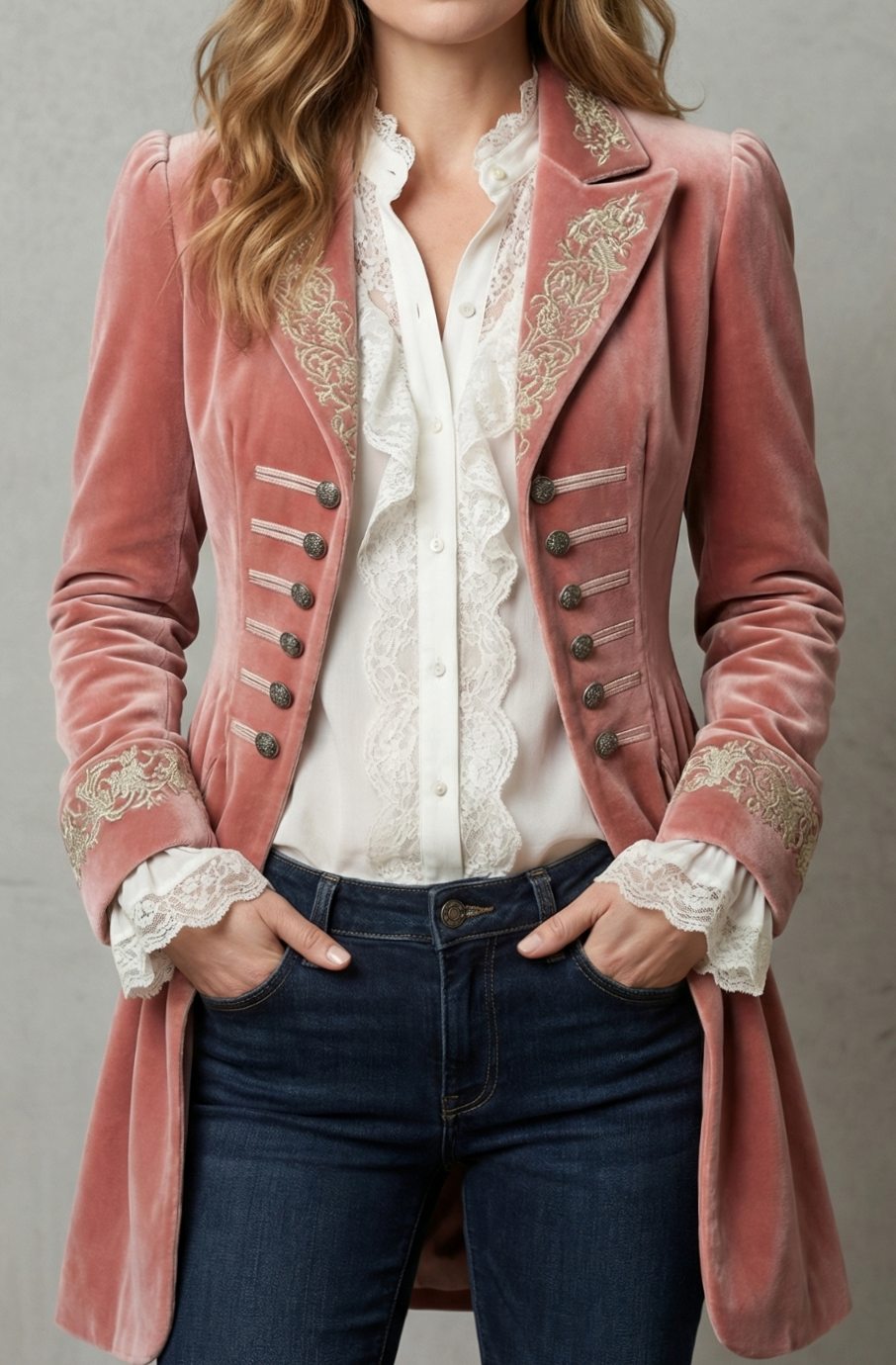 Women's Velvet Embroidered Long Coat Vintage Tailored Jacket - Pink
