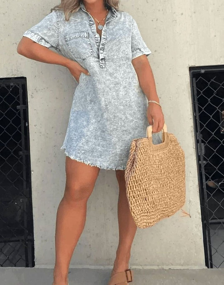 Women's Vintage Acid-Wash Collared Denim Shirt Mini Dress, Light Blue