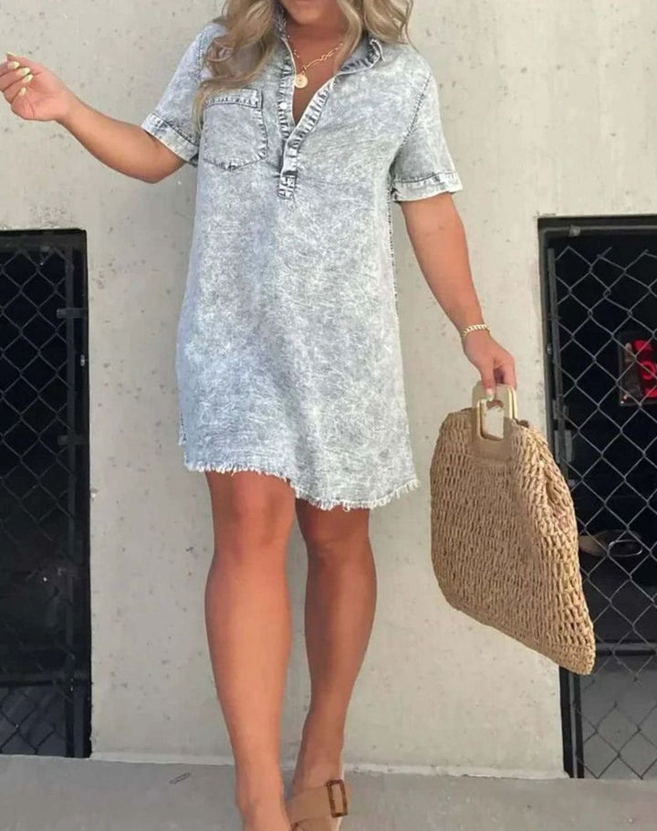 Women's Vintage Acid-Wash Collared Denim Shirt Mini Dress, Light Blue