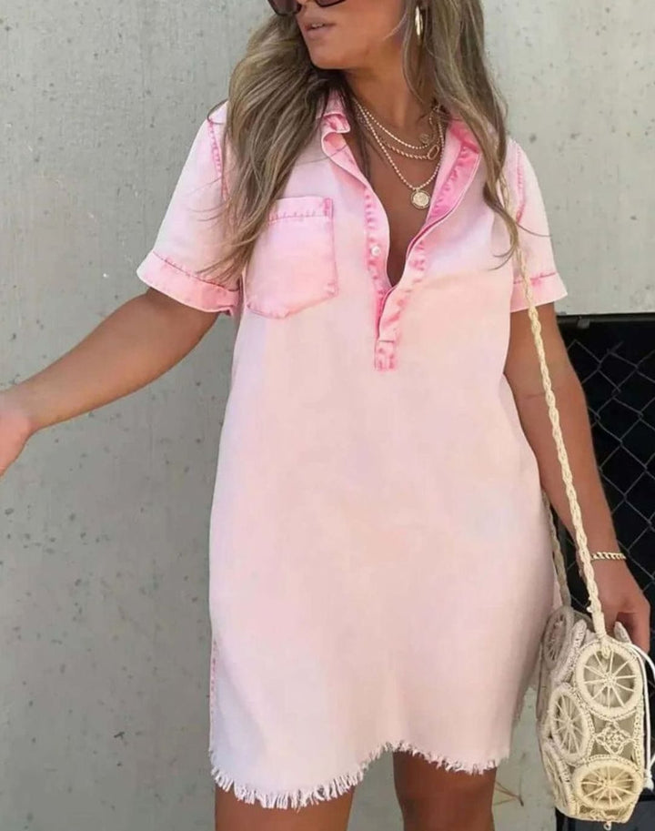 Women's Vintage Acid-Wash Collared Denim Shirt Mini Dress, Light Blue