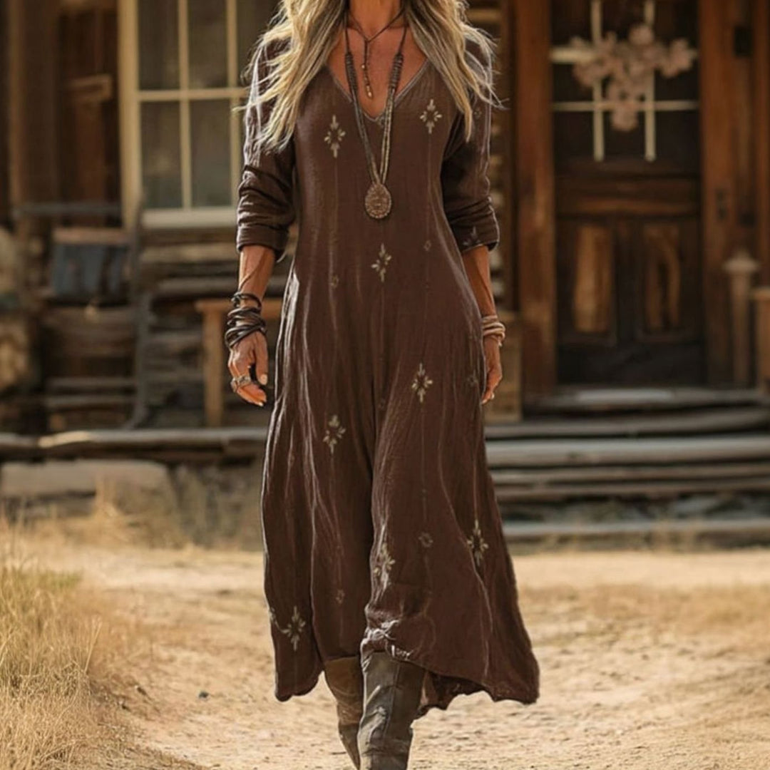 Women's Vintage Boho V-Neck Long Sleeve Flowing Maxi Dress - Brown