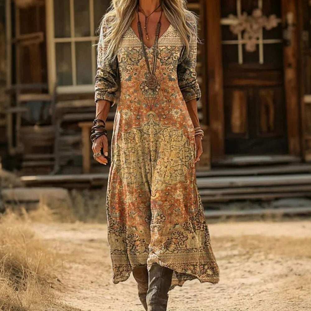 Women's Vintage Boho V-Neck Long Sleeve Flowing Maxi Dress - Yellow