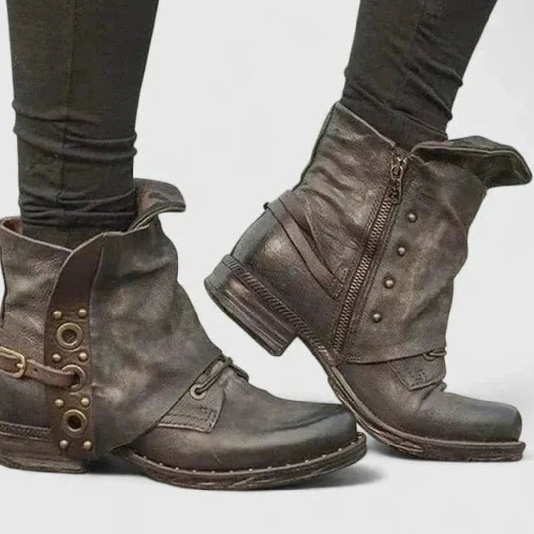 Women's Vintage Buckle-Strap Low Block-Heel Ankle Boots - Brown
