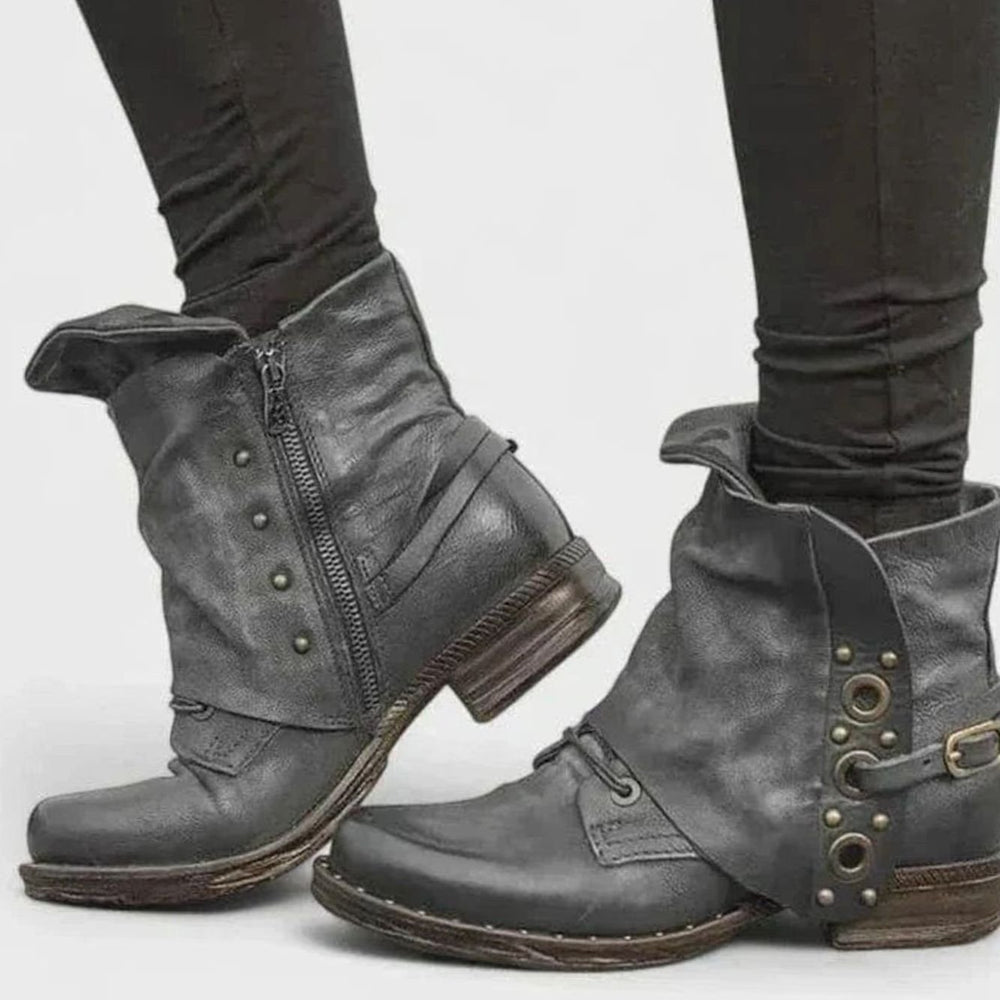 Women's Vintage Buckle-Strap Low Block-Heel Ankle Boots - Grey