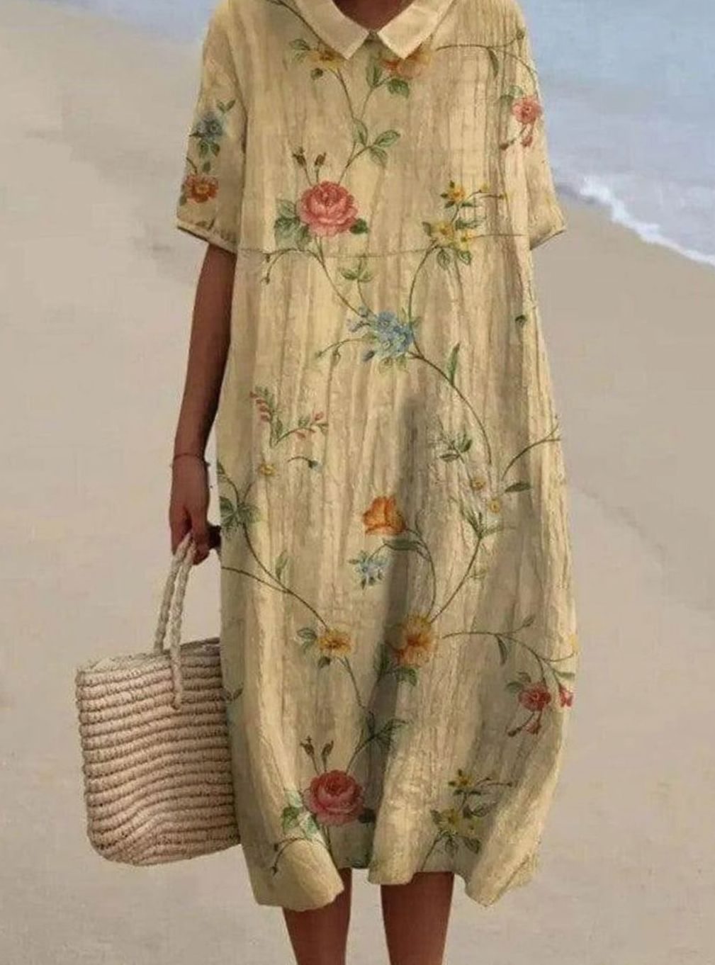 Women's Vintage Floral Relaxed-Fit Collared Midi Dress