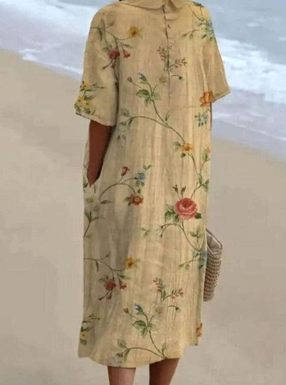 Women's Vintage Floral Relaxed-Fit Collared Midi Dress
