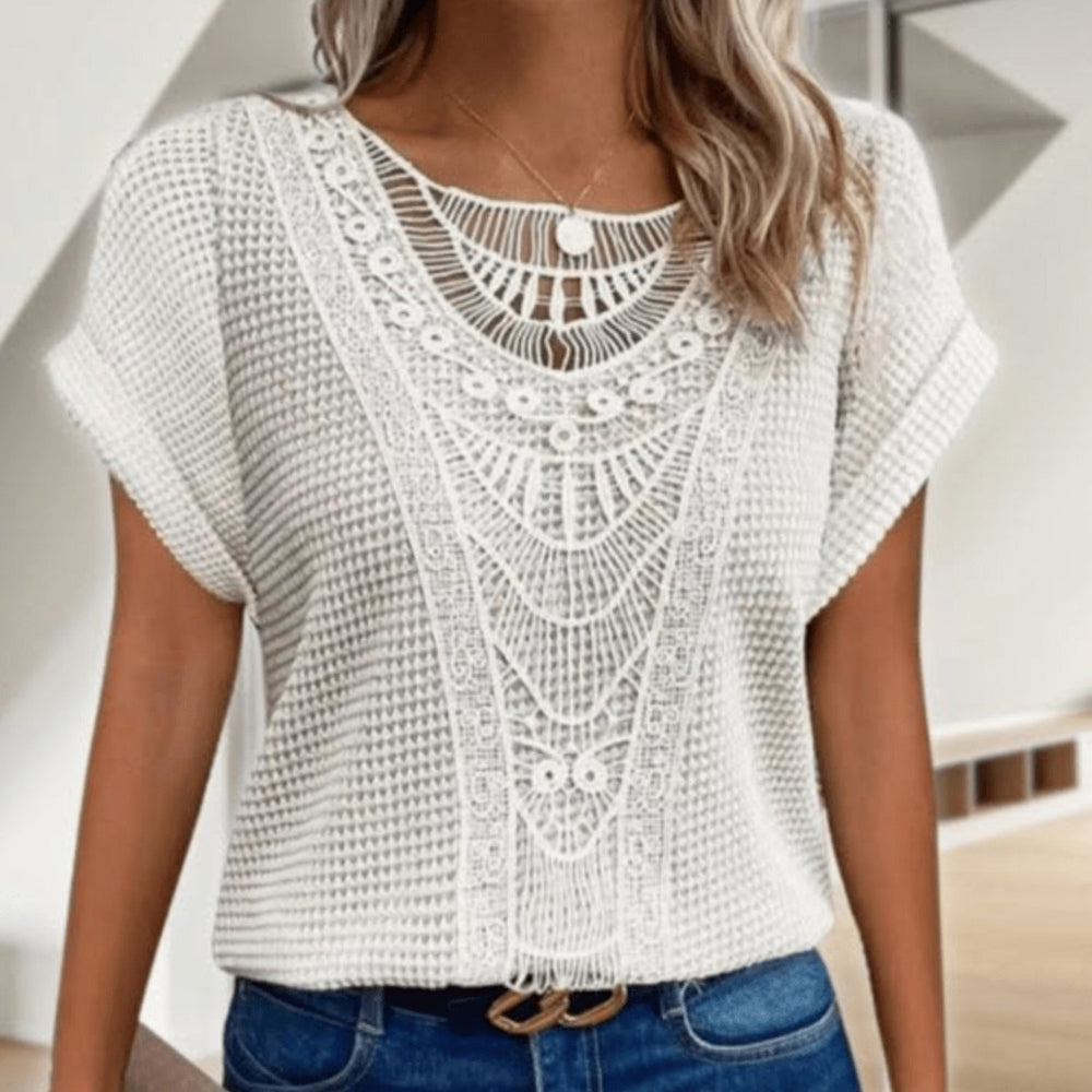 Women's Vintage Lace-Detail Waffle-Knit Short-Sleeve Top - White