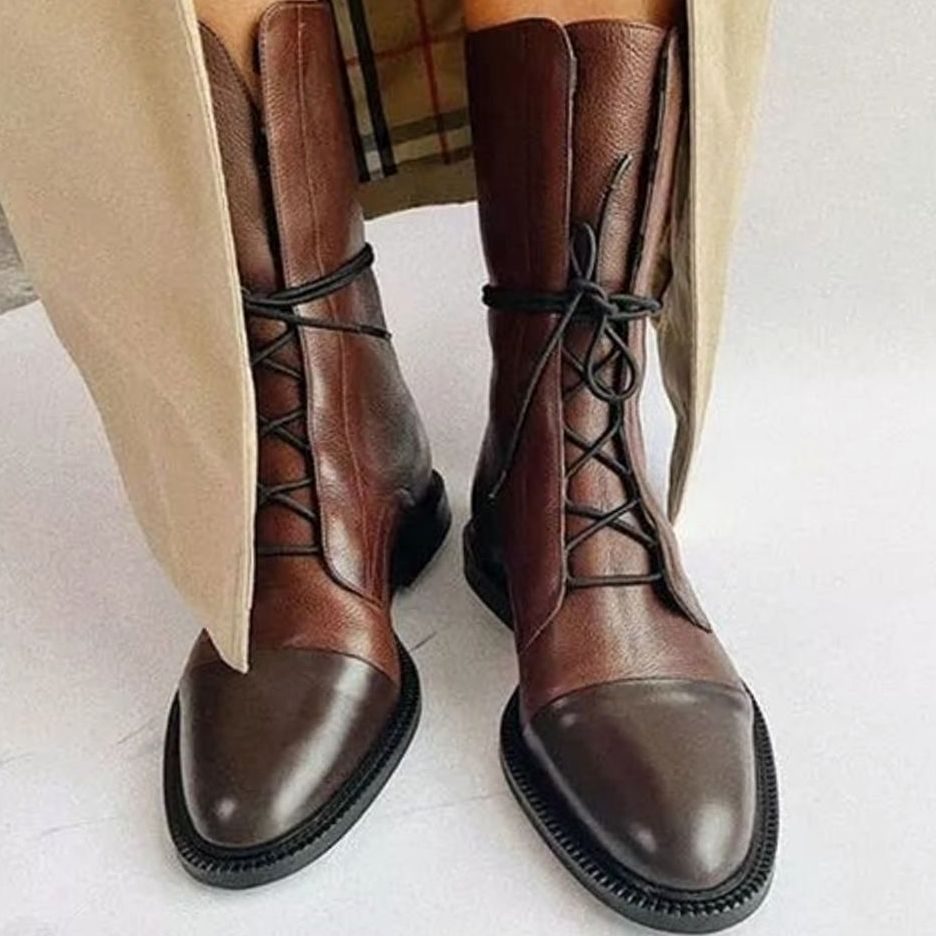 Women's Vintage Lace-Up Cap-Toe Faux Leather Ankle Boots - Brown