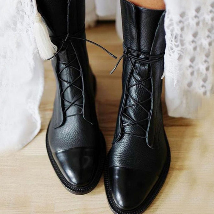 Women's Vintage Lace-Up Cap-Toe Faux Leather Ankle Boots - Black