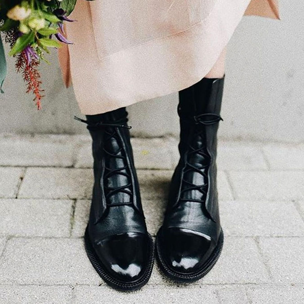 Women's Vintage Lace-Up Cap-Toe Faux Leather Ankle Boots