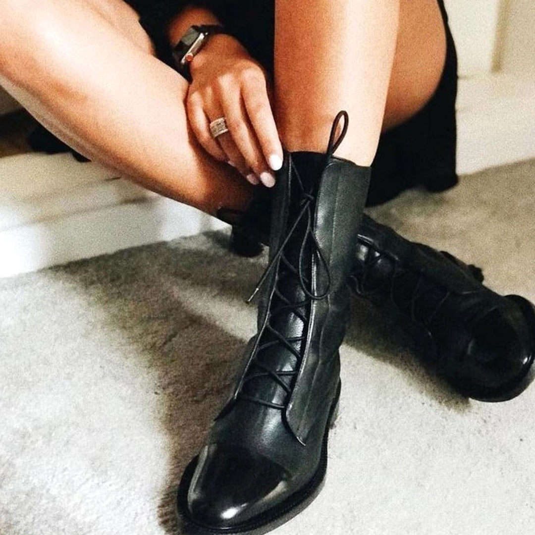 Women's Vintage Lace-Up Cap-Toe Faux Leather Ankle Boots