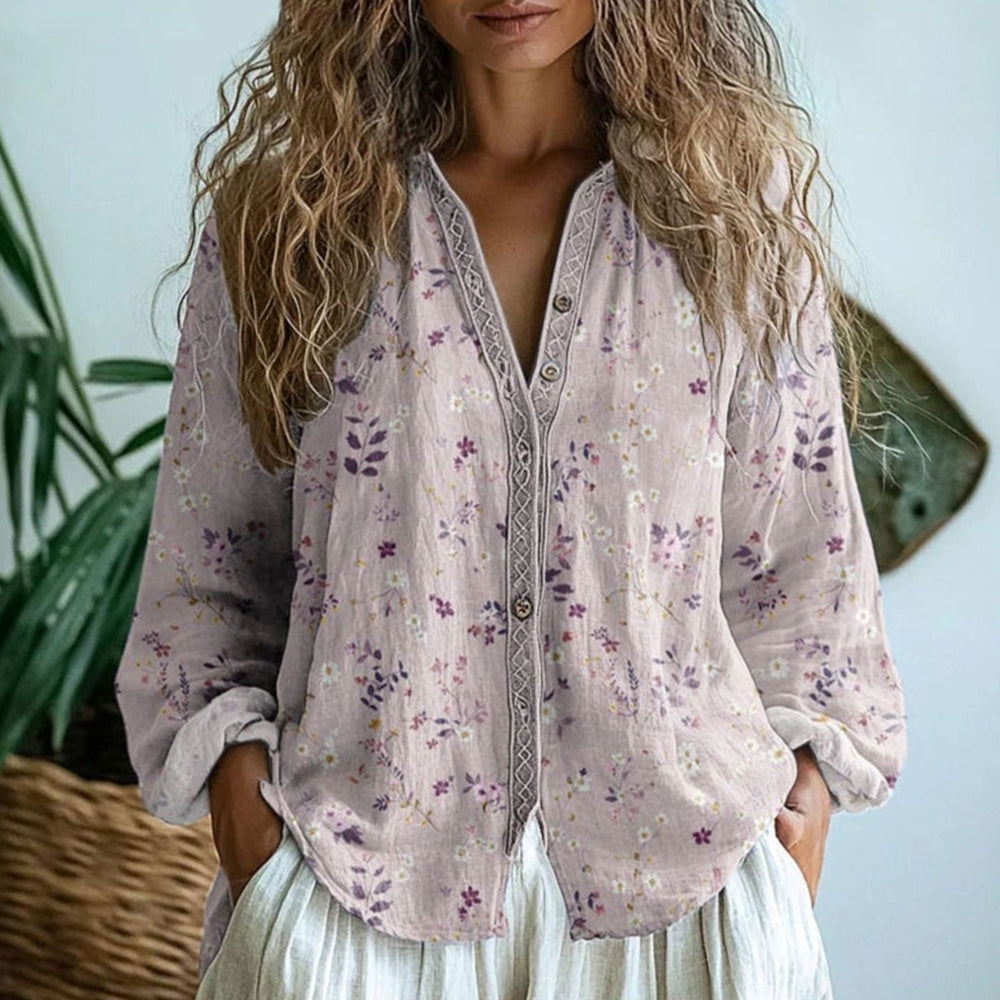 Women's Vintage Leaf Print Button-Down Long Sleeve Blouse - Pink
