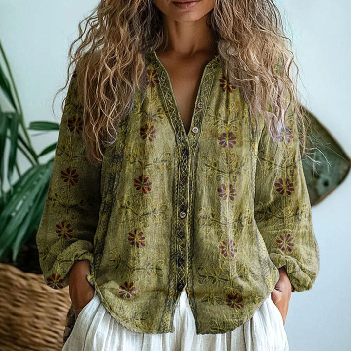 Women's Vintage Leaf Print Button-Down Long Sleeve Blouse - Green