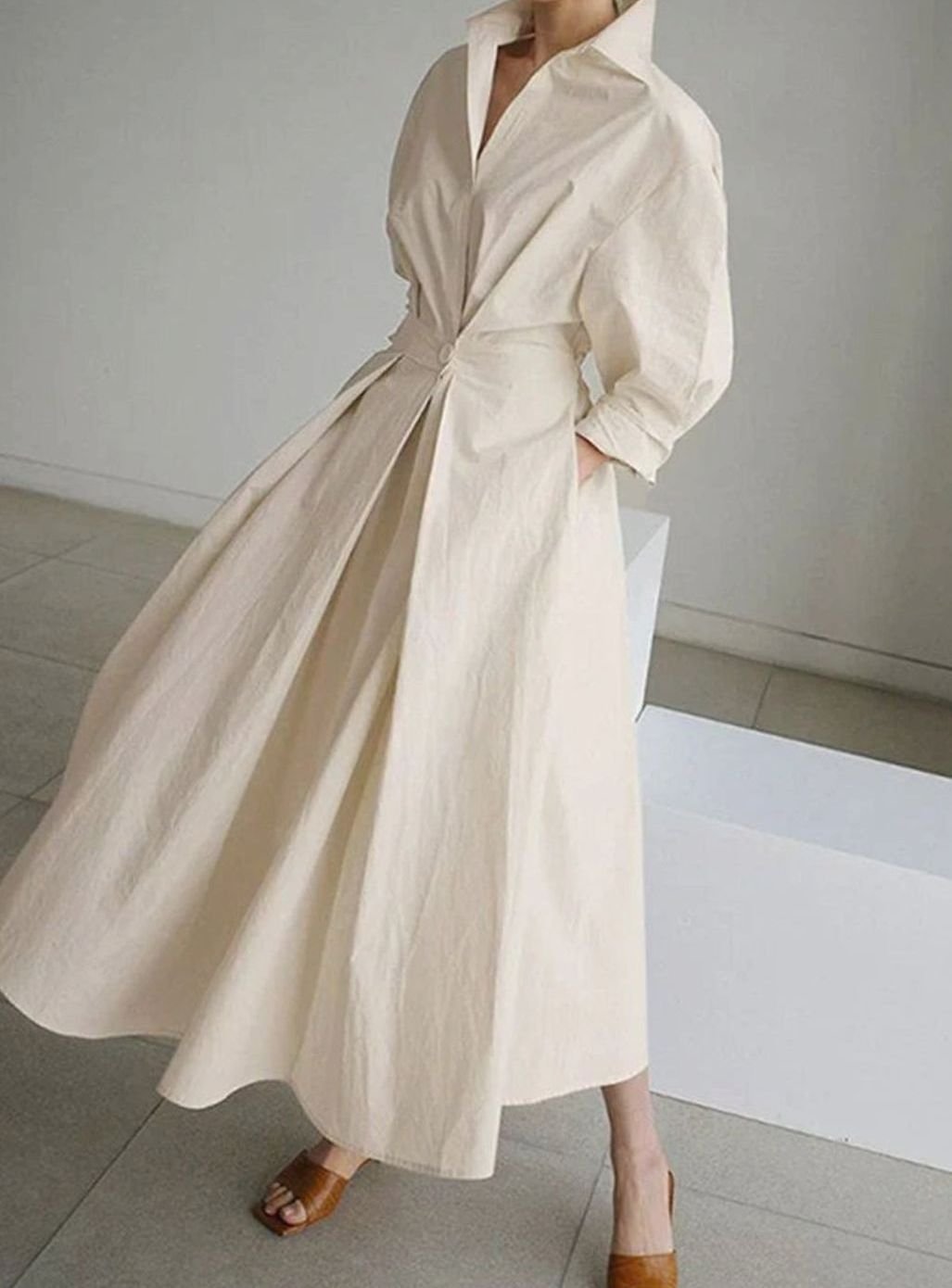 Women's Vintage Pleated Midi Shirt Dress Cinched Waist Pockets, Beige