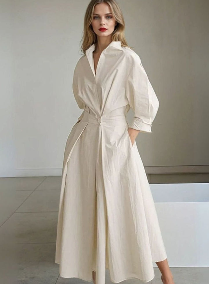 Women's Vintage Pleated Midi Shirt Dress Cinched Waist Pockets, Beige