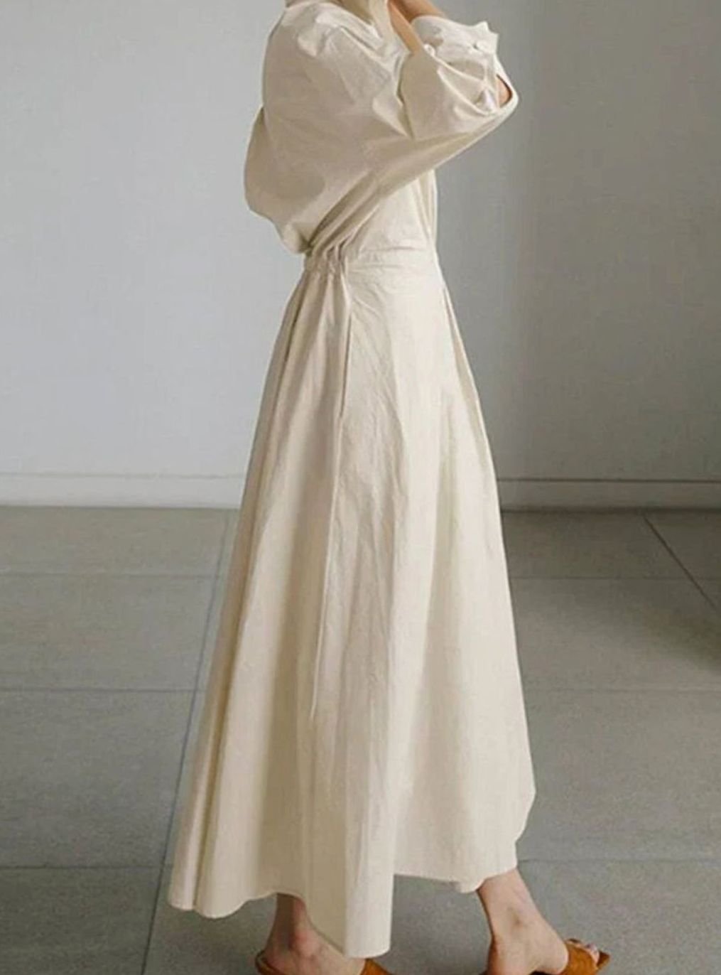 Women's Vintage Pleated Midi Shirt Dress Cinched Waist Pockets, Beige