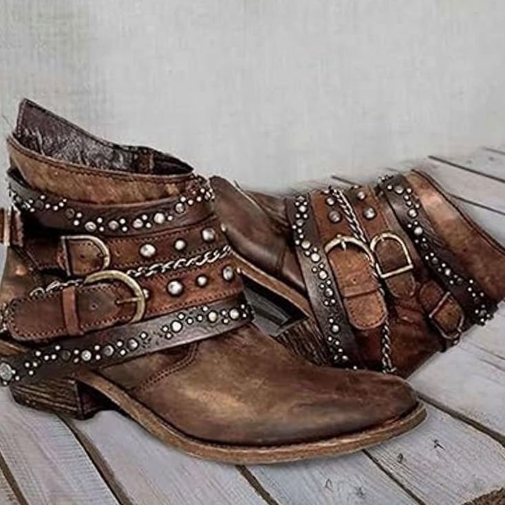 Women's Vintage Studded Buckle Strap Low-Heel Ankle Boots - Brown