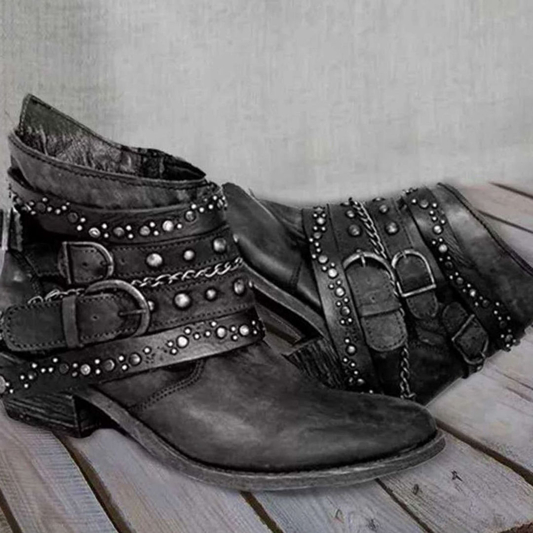 Women's Vintage Studded Buckle Strap Low-Heel Ankle Boots - Black