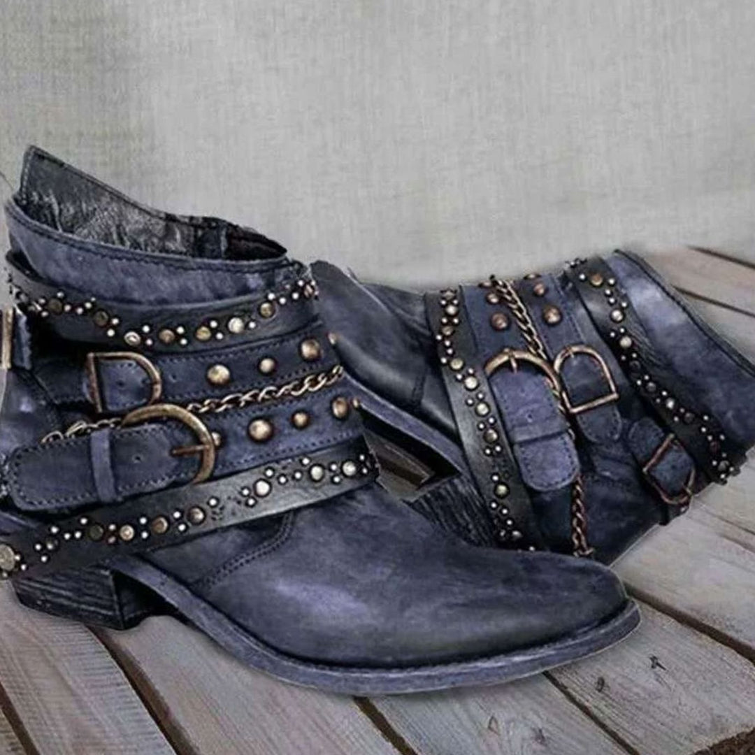 Women's Vintage Studded Buckle Strap Low-Heel Ankle Boots - Blue