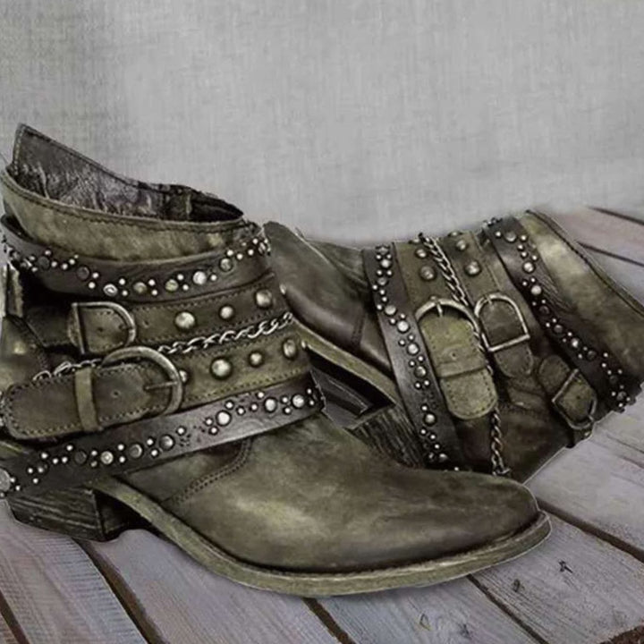 Women's Vintage Studded Buckle Strap Low-Heel Ankle Boots - Green