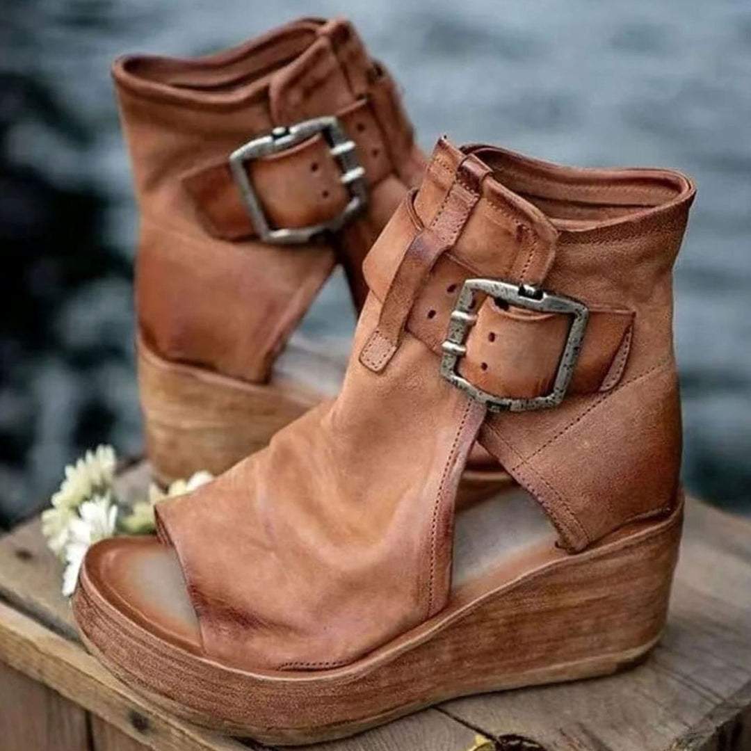 Women's Vintage Wedge Open-Toe Buckle Ankle Boots - Brown