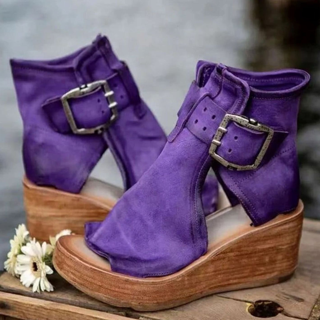 Women's Vintage Wedge Open-Toe Buckle Ankle Boots - Purple