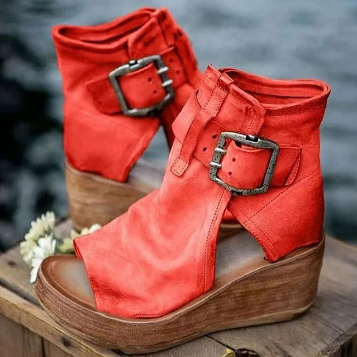 Women's Vintage Wedge Open-Toe Buckle Ankle Boots - Red