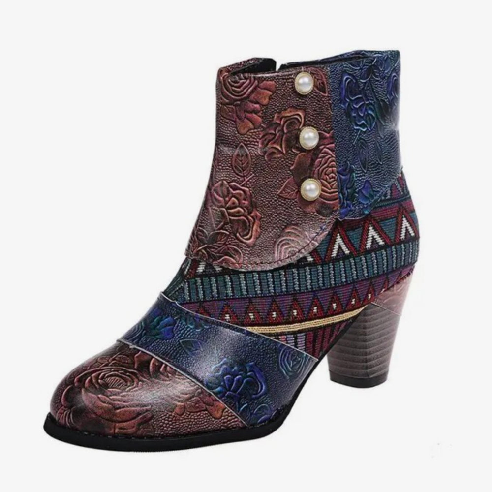 Women's Waterproof Boho Patchwork Block-Heel Ankle Boots