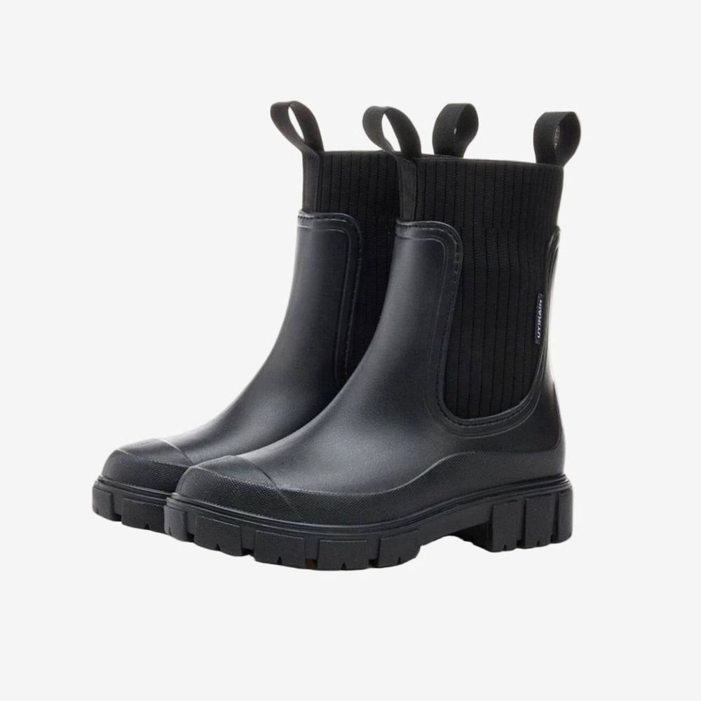 Women's Waterproof Chunky-Sole Knit-Collar Chelsea Rain Boots - Black