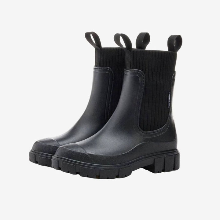 Women's Waterproof Chunky-Sole Knit-Collar Chelsea Rain Boots - Black