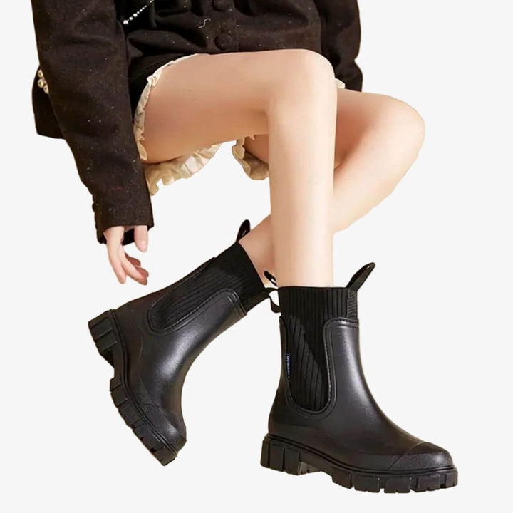 Women's Waterproof Chunky-Sole Knit-Collar Chelsea Rain Boots