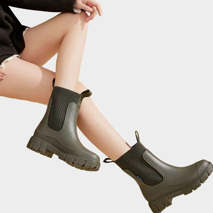Women's Waterproof Chunky-Sole Knit-Collar Chelsea Rain Boots