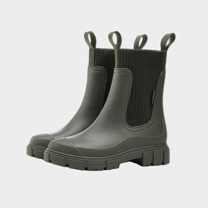 Women's Waterproof Chunky-Sole Knit-Collar Chelsea Rain Boots - Green