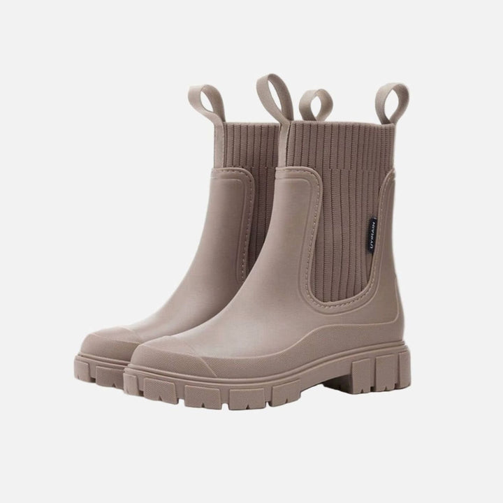 Women's Waterproof Chunky-Sole Knit-Collar Chelsea Rain Boots - Apricot