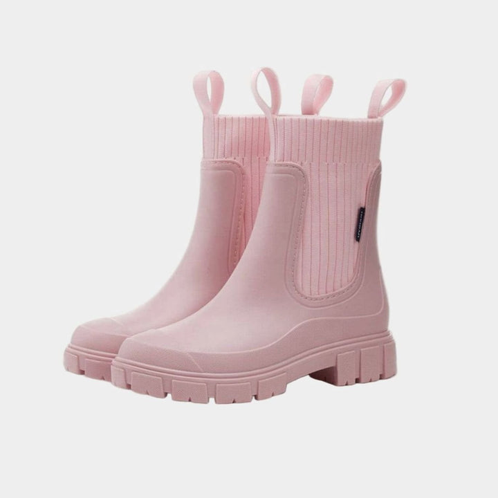 Women's Waterproof Chunky-Sole Knit-Collar Chelsea Rain Boots - Pink