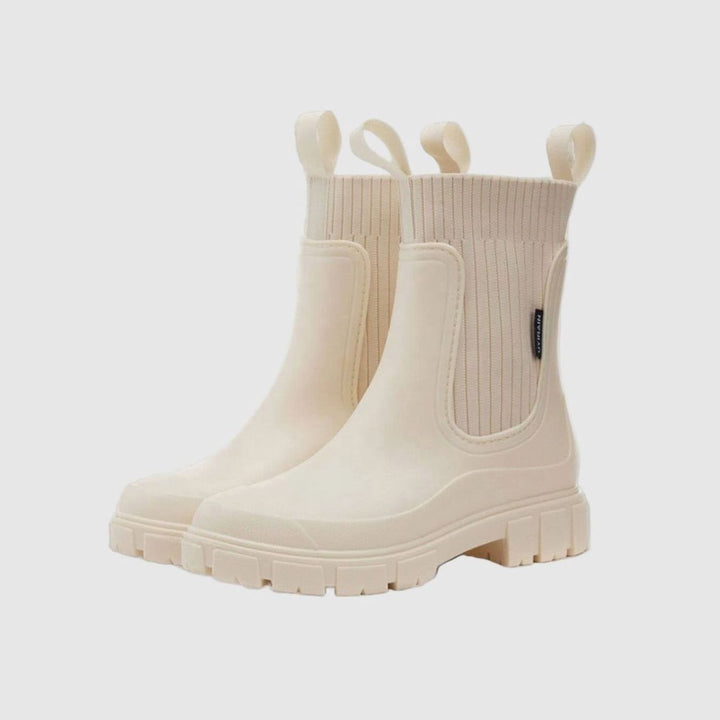 Women's Waterproof Chunky-Sole Knit-Collar Chelsea Rain Boots - Beige