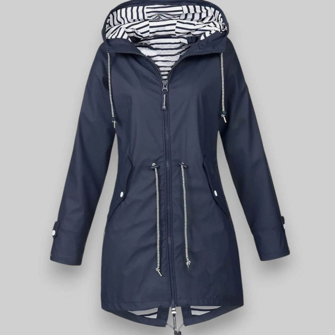 Women's Waterproof Hooded Drawstring Raincoat Long Jacket - Dark Blue