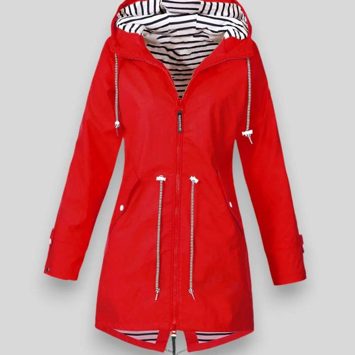 Women's Waterproof Hooded Drawstring Raincoat Long Jacket - Red