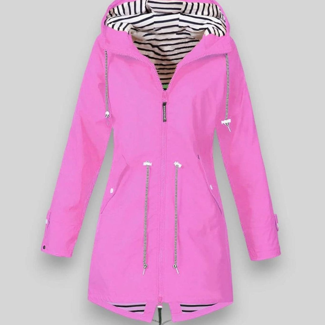 Women's Waterproof Hooded Drawstring Raincoat Long Jacket - Pink