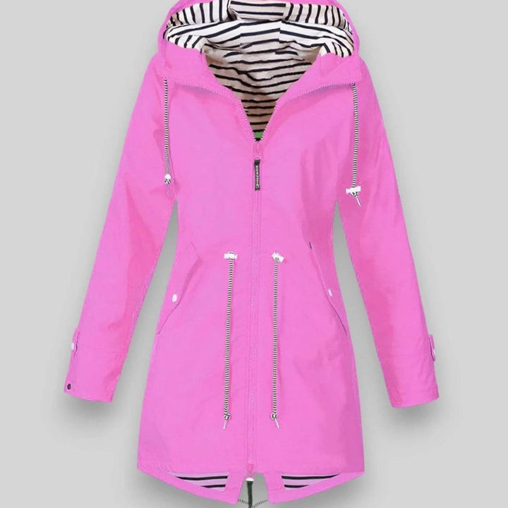 Women's Waterproof Hooded Drawstring Raincoat Long Jacket - Pink