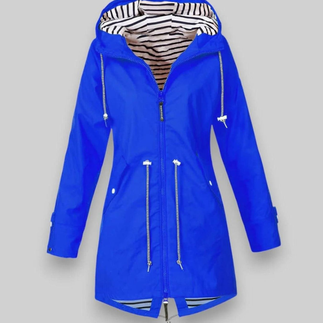 Women's Waterproof Hooded Drawstring Raincoat Long Jacket - Blue