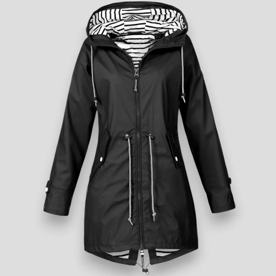Women's Waterproof Hooded Drawstring Raincoat Long Jacket - Black