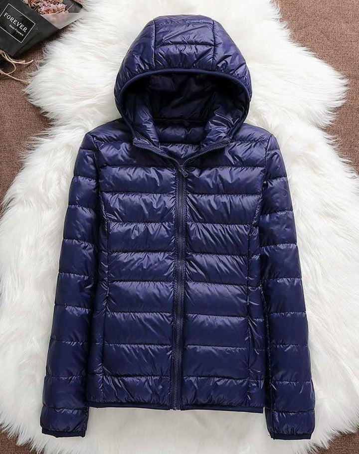 Women's Waterproof Hooded Duck Down Puffer Jacket - Navy Blue