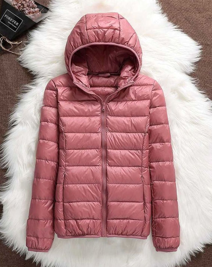 Women's Waterproof Hooded Duck Down Puffer Jacket - Pink