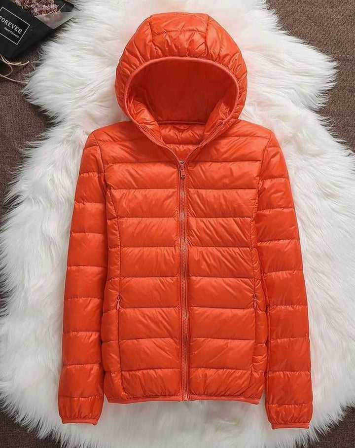 Women's Waterproof Hooded Duck Down Puffer Jacket - Orange