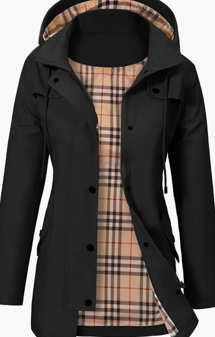 Women's Waterproof Hooded Parka Jacket Checked Lining - Black