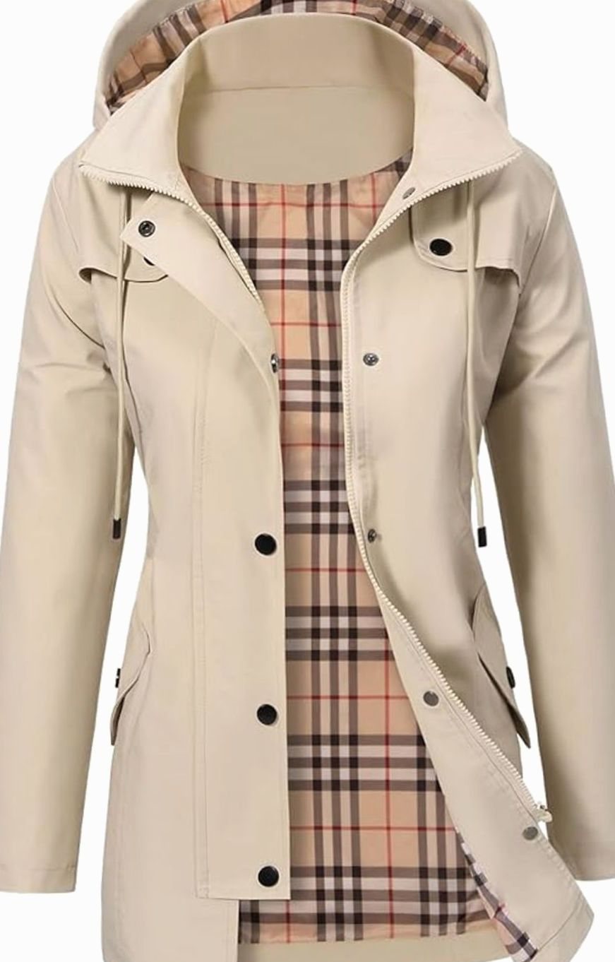 Women's Waterproof Hooded Parka Jacket Checked Lining - Beige