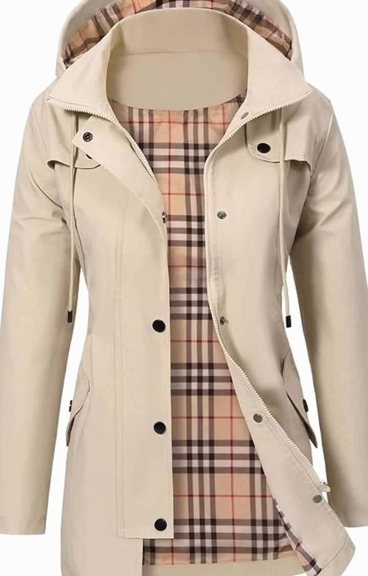 Women's Waterproof Hooded Parka Jacket Checked Lining - Beige