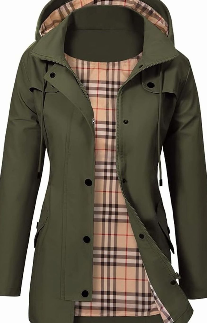 Women's Waterproof Hooded Parka Jacket Checked Lining - Green