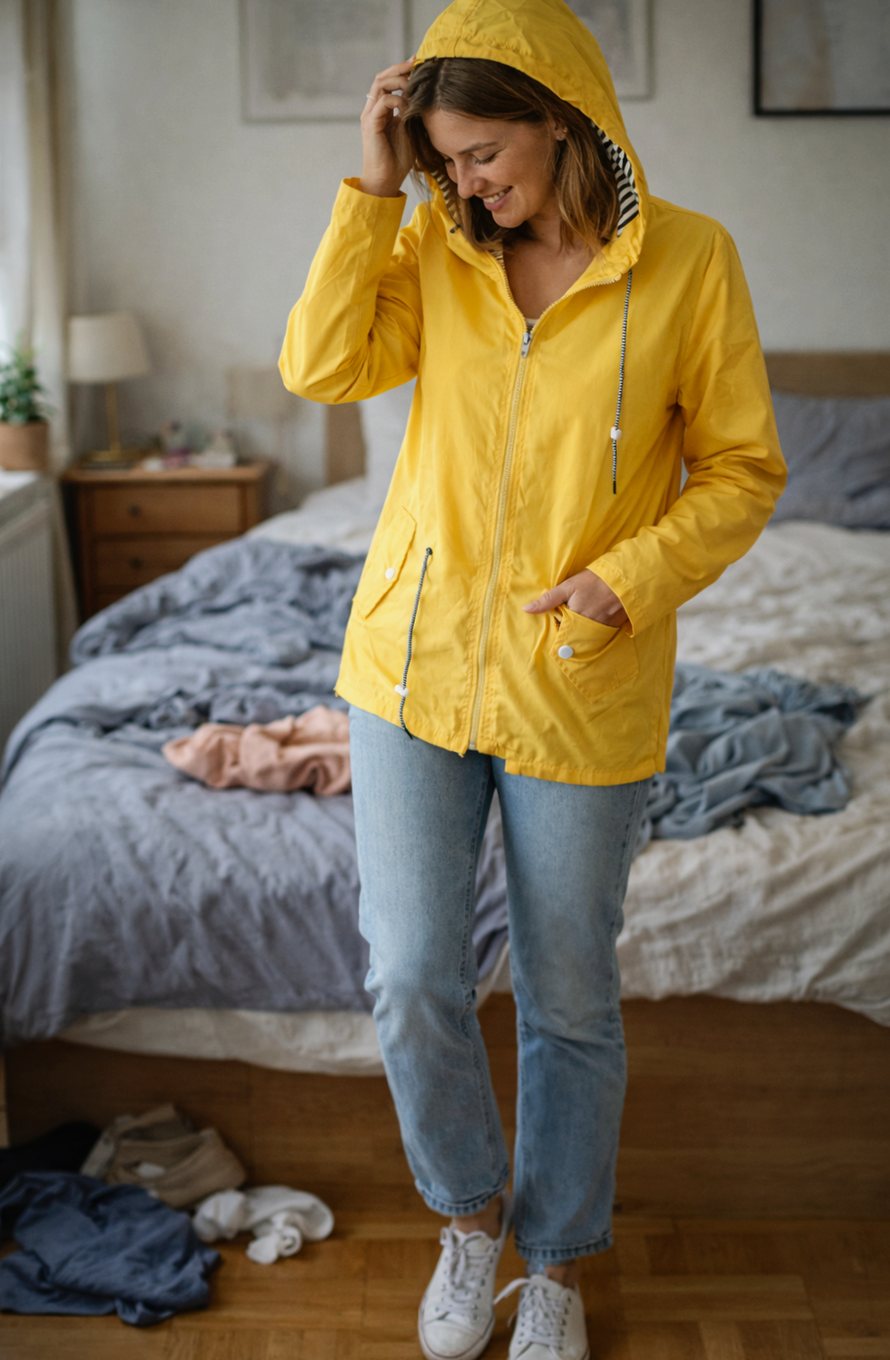 Women's Waterproof Hooded Rain Jacket Zip-Up Long Sleeve - Yellow